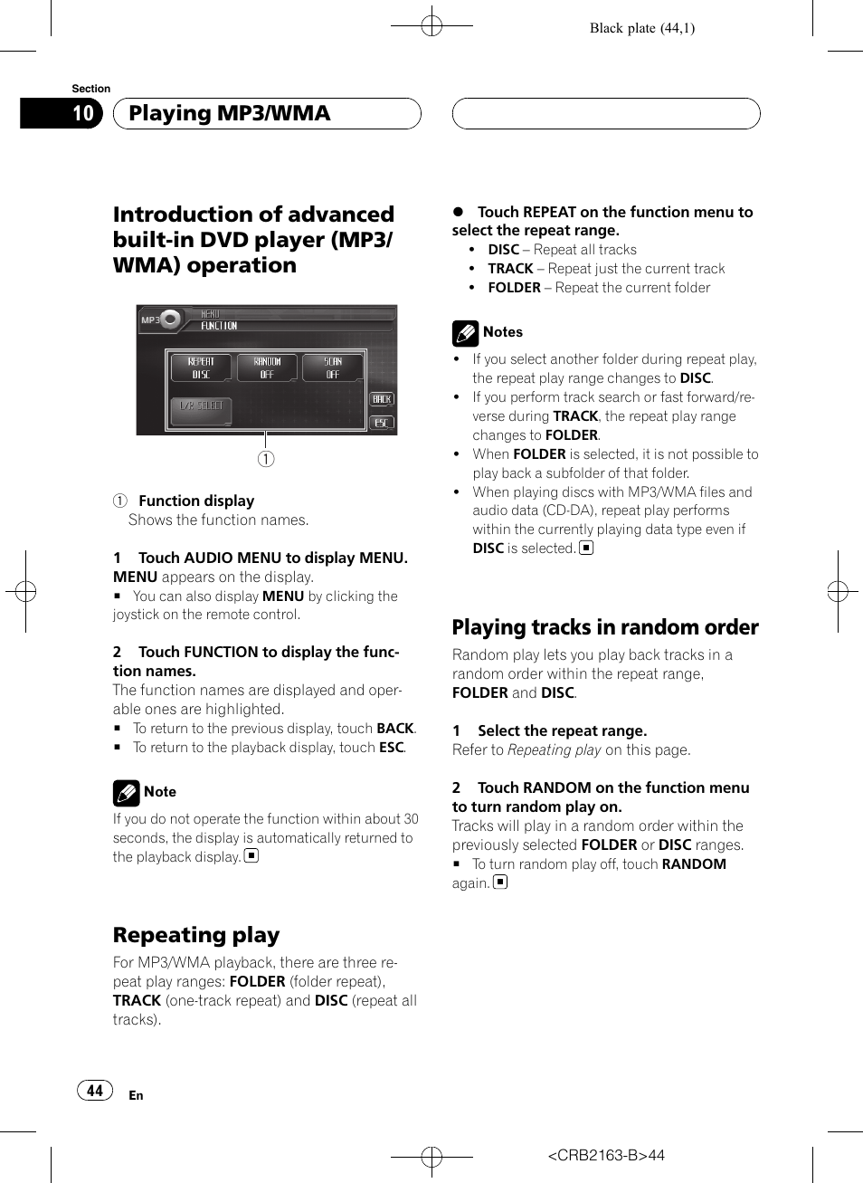Introduction of advanced built-in dvd player, Mp3/wma) operation, Repeating play | Playing tracks in random order, Playing mp3/wma | Pioneer Super Tuner III D AVH-P6850DVD User Manual | Page 44 / 120