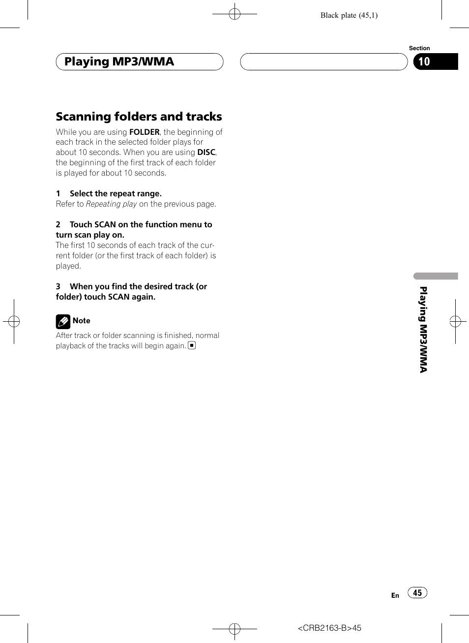 Scanning folders and tracks, Playing mp3/wma | Pioneer Super Tuner III D AVH-P6850DVD User Manual | Page 45 / 120