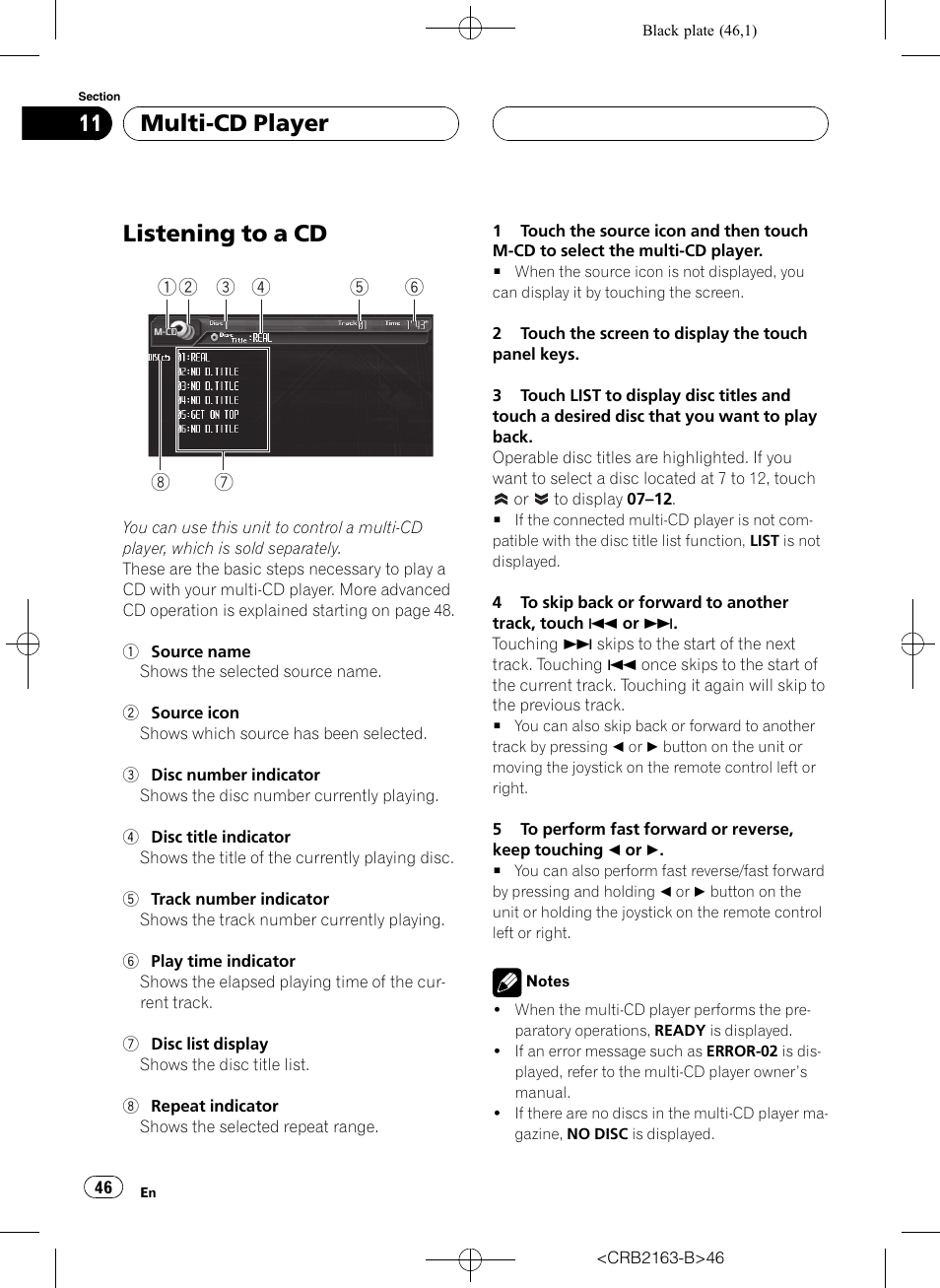 Multi-cd player listening to a cd, Listening to a cd, Multi-cd player | Pioneer Super Tuner III D AVH-P6850DVD User Manual | Page 46 / 120