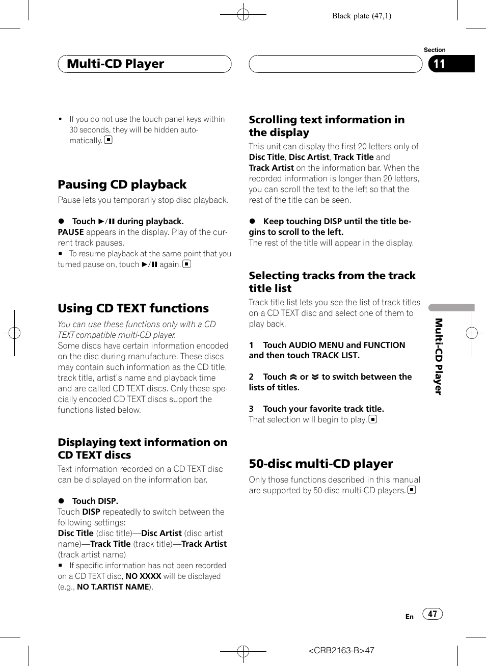 Pausing cd playback, Using cd text functions, Disc multi-cd player | Multi-cd player | Pioneer Super Tuner III D AVH-P6850DVD User Manual | Page 47 / 120