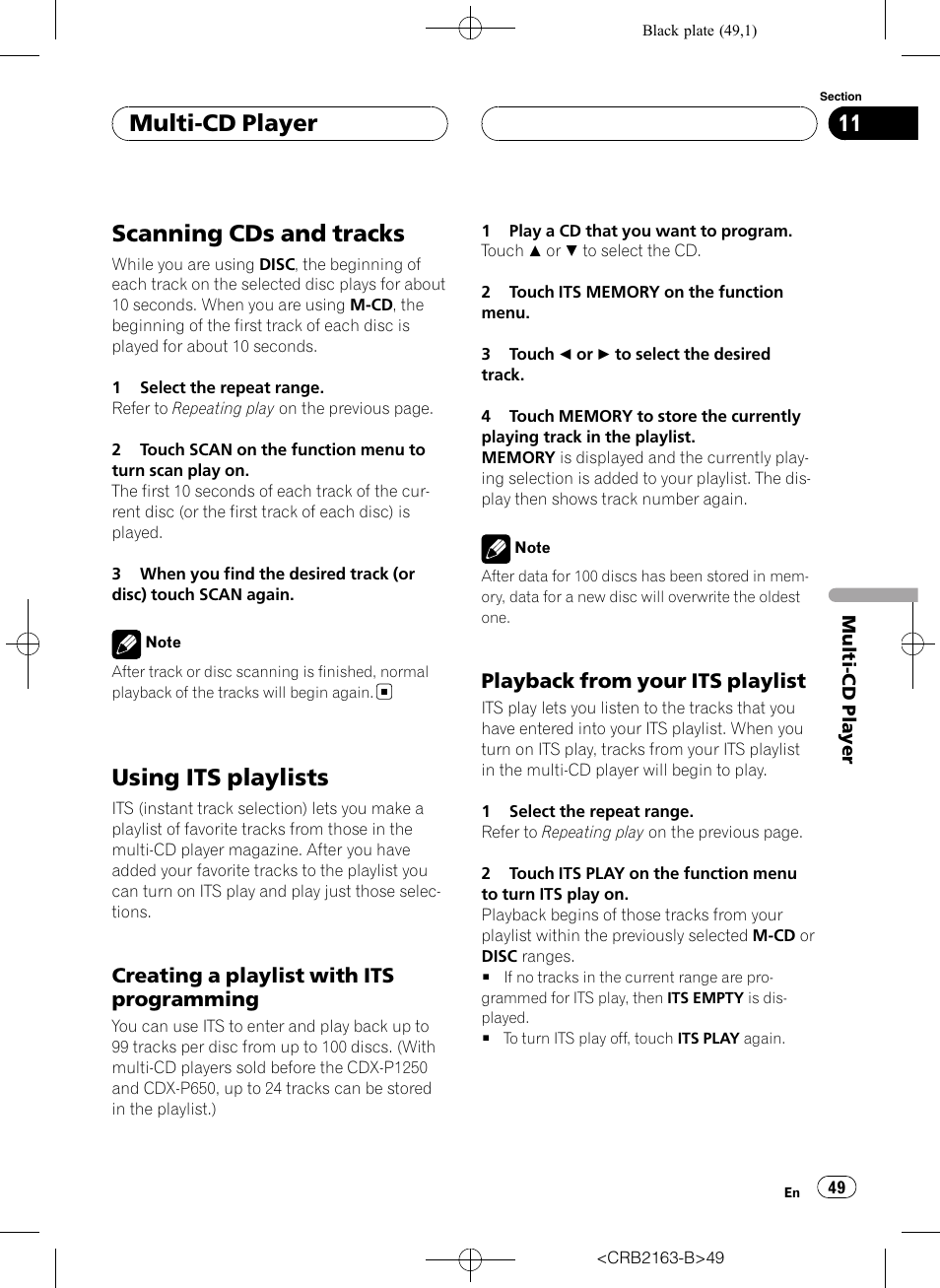 Scanning cds and tracks, Using its playlists, Multi-cd player | Creating a playlist with its programming, Playback from your its playlist | Pioneer Super Tuner III D AVH-P6850DVD User Manual | Page 49 / 120