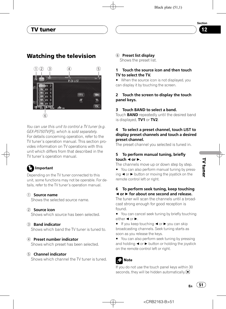 Tv tuner watching the television, Watching the television, Tv tuner | Pioneer Super Tuner III D AVH-P6850DVD User Manual | Page 51 / 120