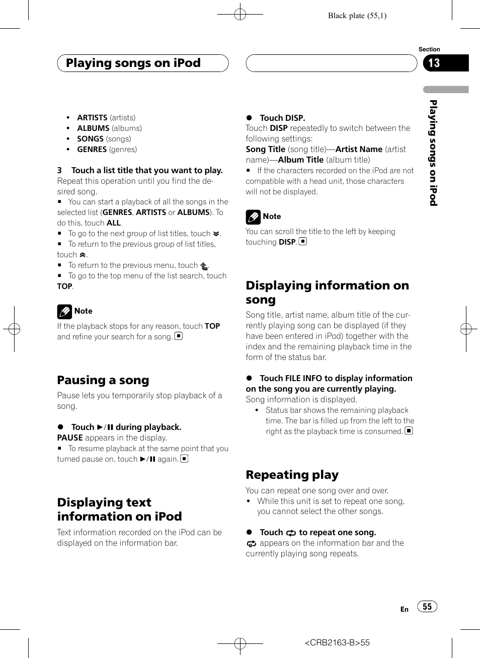 Pausing a song, Displaying text information on ipod, Displaying information on song | Repeating play, Playing songs on ipod | Pioneer Super Tuner III D AVH-P6850DVD User Manual | Page 55 / 120