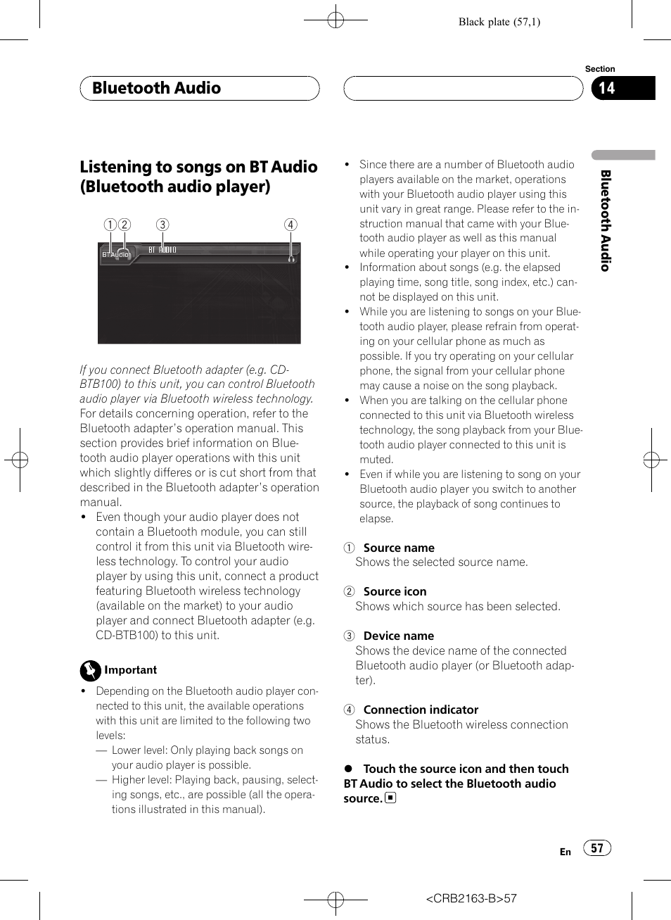 Audio player), Bluetooth audio | Pioneer Super Tuner III D AVH-P6850DVD User Manual | Page 57 / 120
