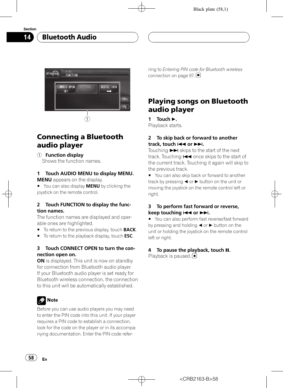 Connecting a bluetooth audio player, Playing songs on bluetooth audio player, Bluetooth audio | Pioneer Super Tuner III D AVH-P6850DVD User Manual | Page 58 / 120