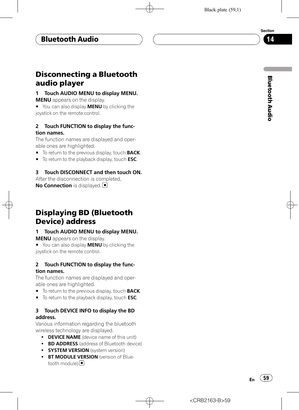 Disconnecting a bluetooth audio player, Displaying bd (bluetooth device), Address | Displaying bd (bluetooth device) address, Bluetooth audio | Pioneer Super Tuner III D AVH-P6850DVD User Manual | Page 59 / 120