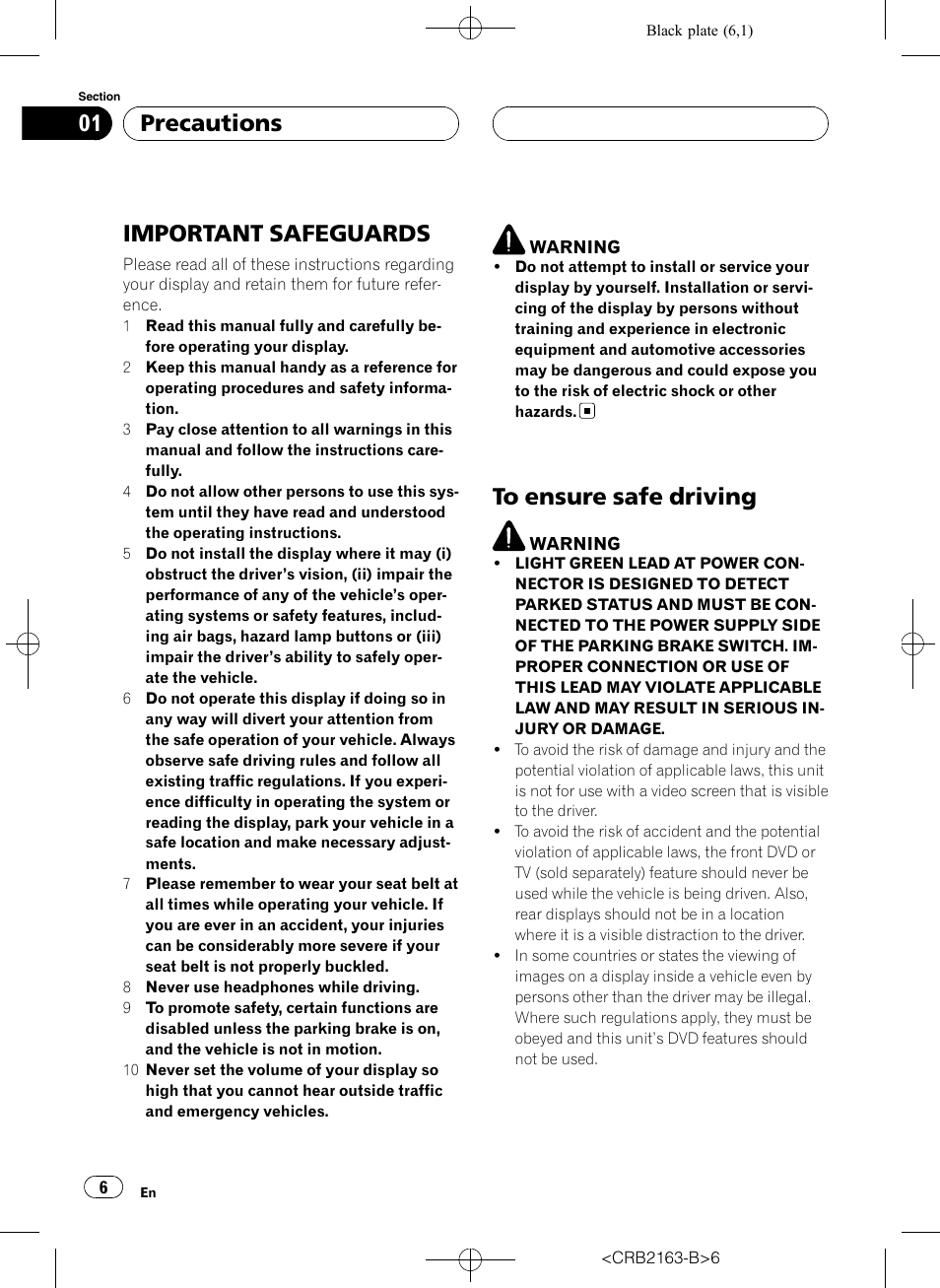 Precautions important safeguards, To ensure safe driving, Important safeguards | Precautions | Pioneer Super Tuner III D AVH-P6850DVD User Manual | Page 6 / 120