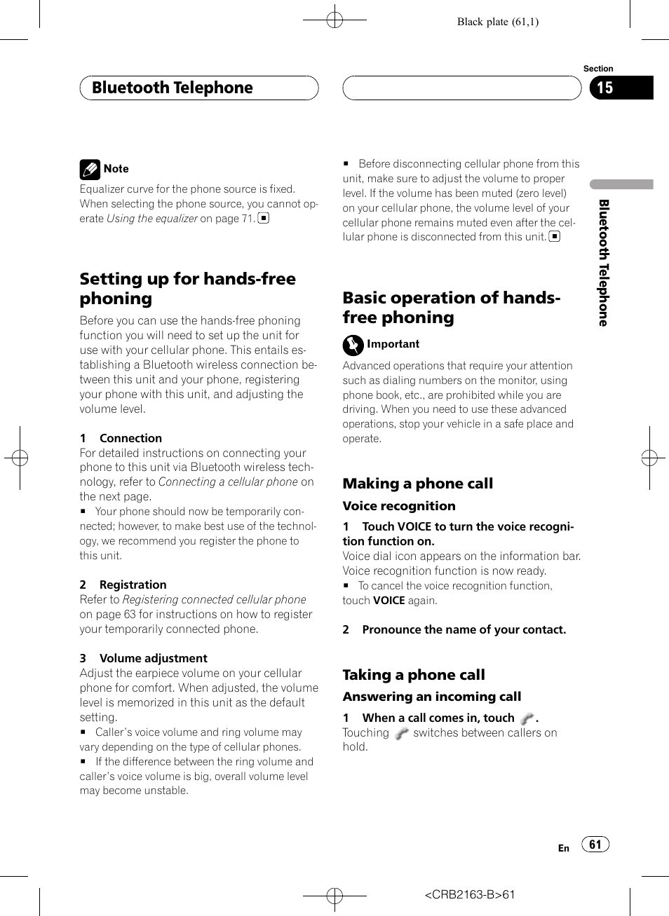 Setting up for hands-free phoning, Basic operation of hands-free phoning, Basic operation of hands- free phoning | Bluetooth telephone, Making a phone call, Taking a phone call | Pioneer Super Tuner III D AVH-P6850DVD User Manual | Page 61 / 120