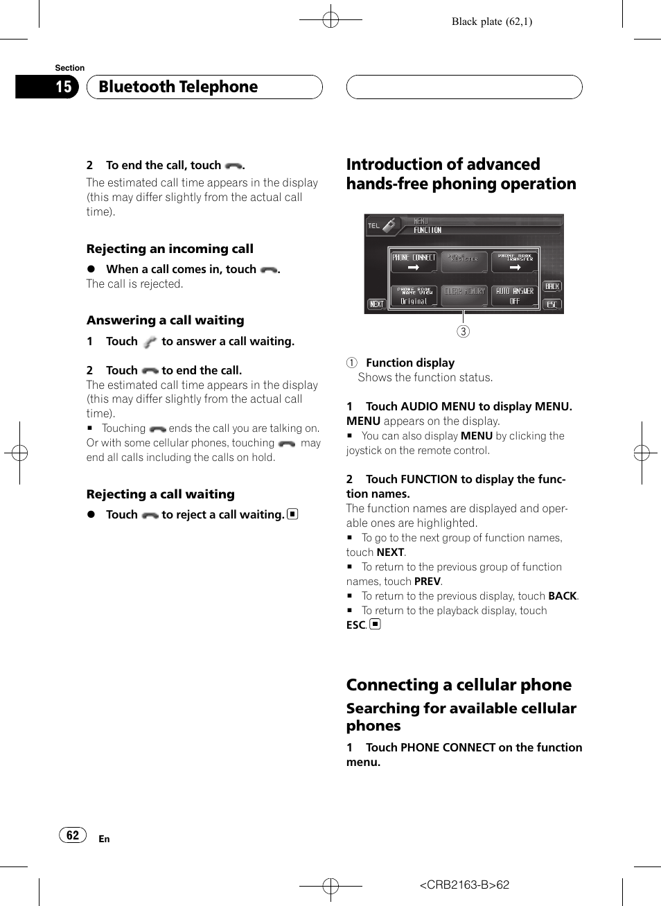 Introduction of advanced hands-free phoning, Operation, Connecting a cellular phone | Bluetooth telephone, Searching for available cellular phones | Pioneer Super Tuner III D AVH-P6850DVD User Manual | Page 62 / 120