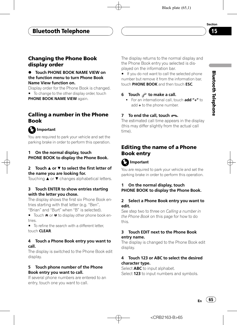 Bluetooth telephone, Changing the phone book display order, Calling a number in the phone book | Editing the name of a phone book entry | Pioneer Super Tuner III D AVH-P6850DVD User Manual | Page 65 / 120