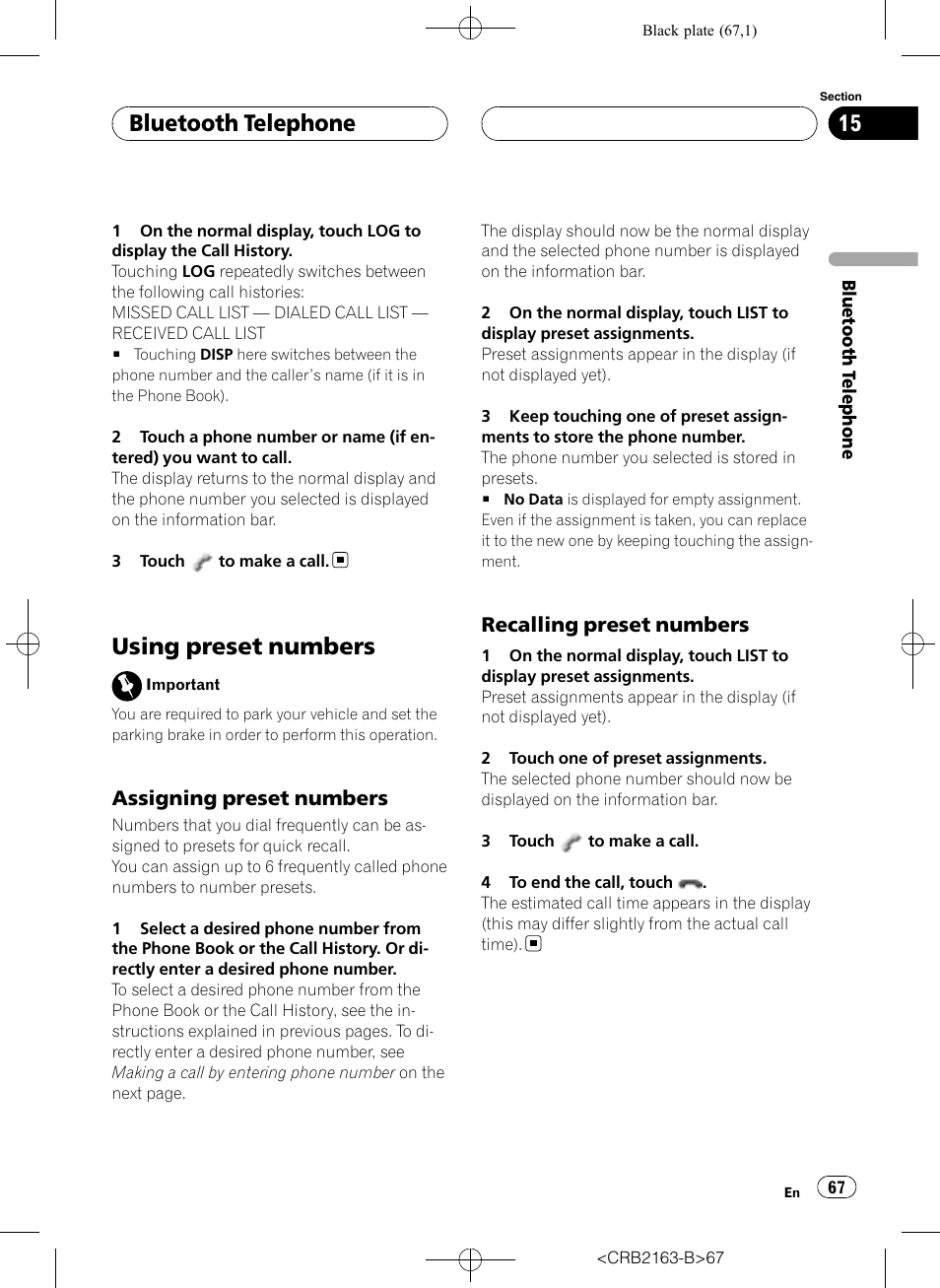 Using preset numbers, Bluetooth telephone, Assigning preset numbers | Recalling preset numbers | Pioneer Super Tuner III D AVH-P6850DVD User Manual | Page 67 / 120