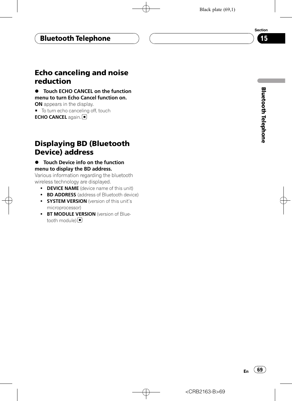 Echo canceling and noise reduction, Displaying bd (bluetooth device), Address | Displaying bd (bluetooth device) address, Bluetooth telephone | Pioneer Super Tuner III D AVH-P6850DVD User Manual | Page 69 / 120