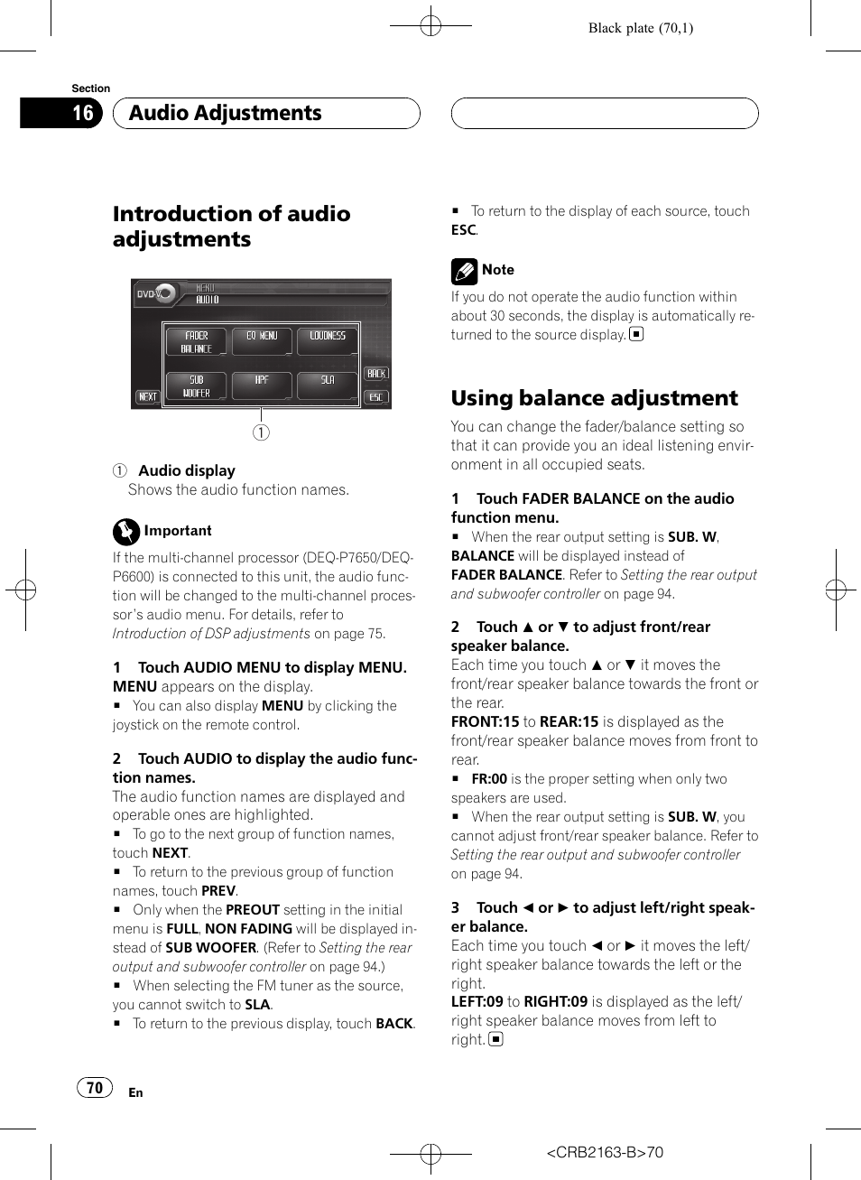 Using balance adjustment, Introduction of audio adjustments, Audio adjustments | Pioneer Super Tuner III D AVH-P6850DVD User Manual | Page 70 / 120
