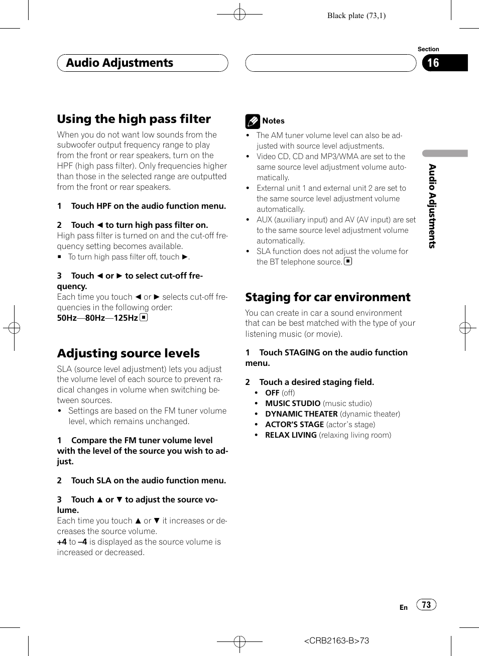 Using the high pass filter, Adjusting source levels, Staging for car environment | Audio adjustments | Pioneer Super Tuner III D AVH-P6850DVD User Manual | Page 73 / 120