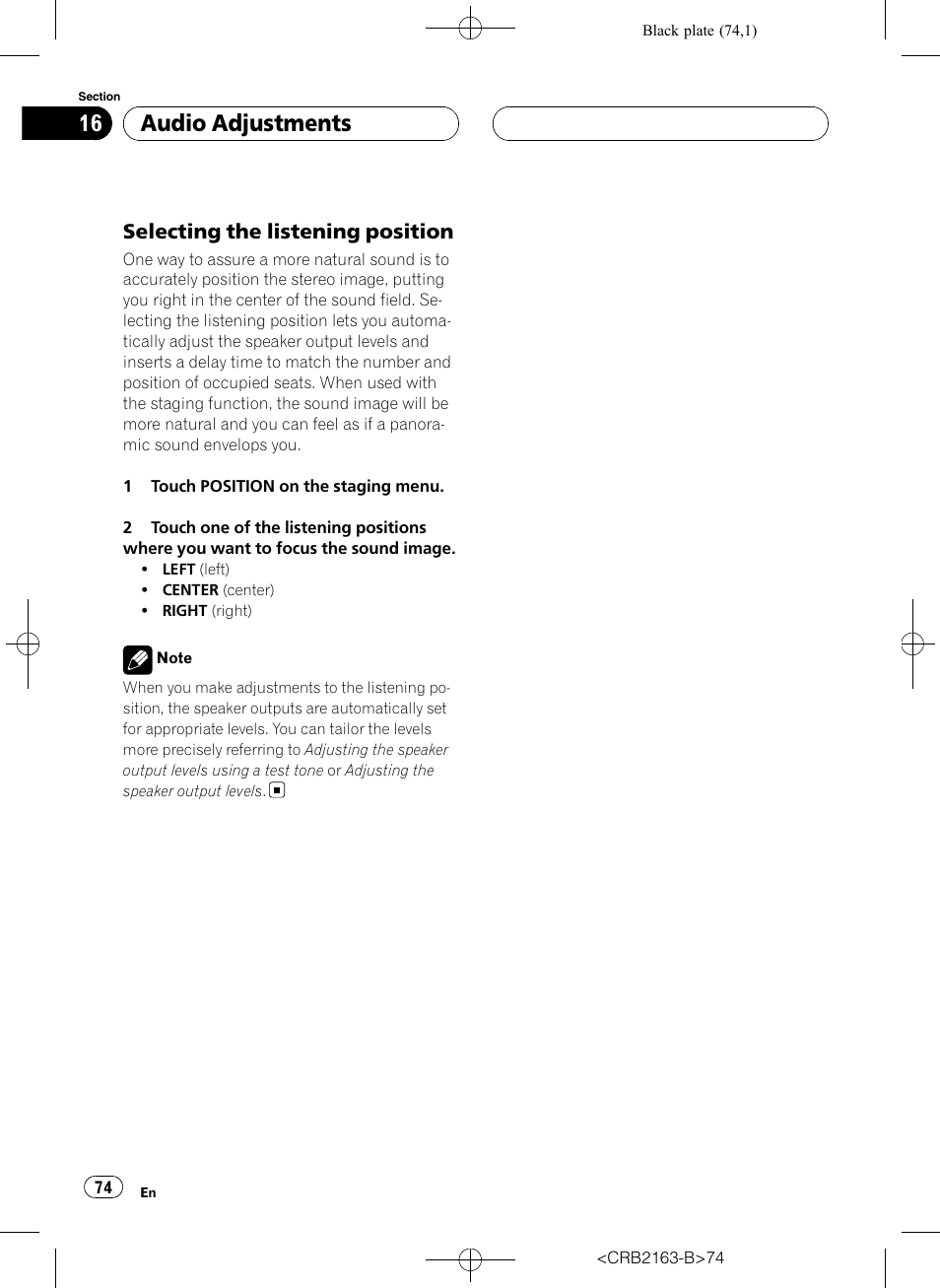 Audio adjustments, Selecting the listening position | Pioneer Super Tuner III D AVH-P6850DVD User Manual | Page 74 / 120