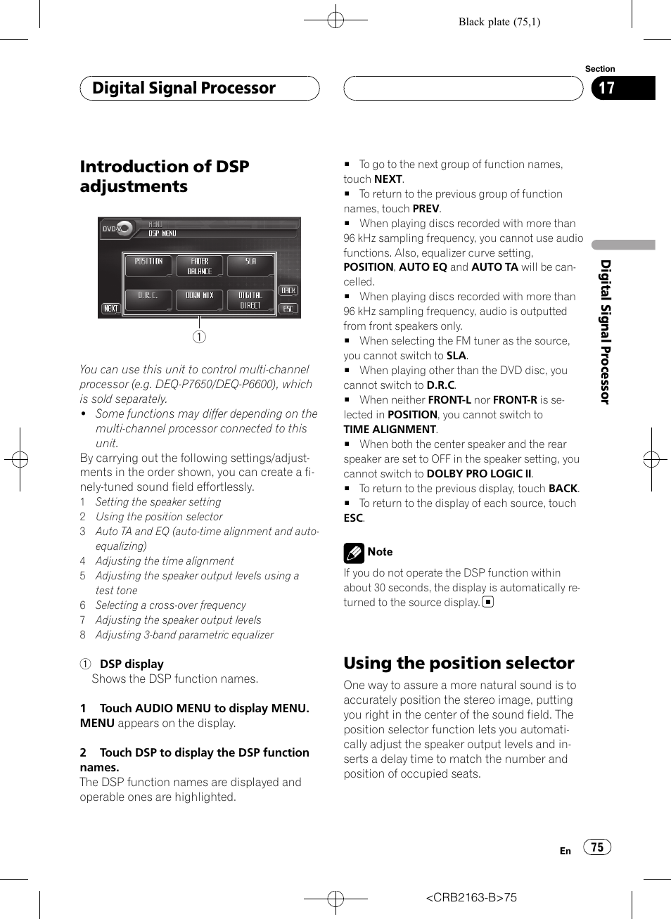 Using the position selector, Introduction of dsp adjustments, Digital signal processor | Pioneer Super Tuner III D AVH-P6850DVD User Manual | Page 75 / 120