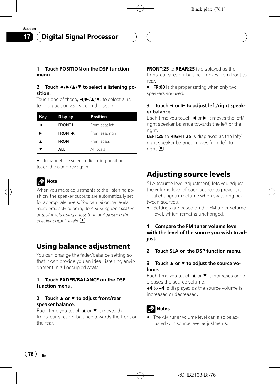 Using balance adjustment, Adjusting source levels, Digital signal processor | Pioneer Super Tuner III D AVH-P6850DVD User Manual | Page 76 / 120