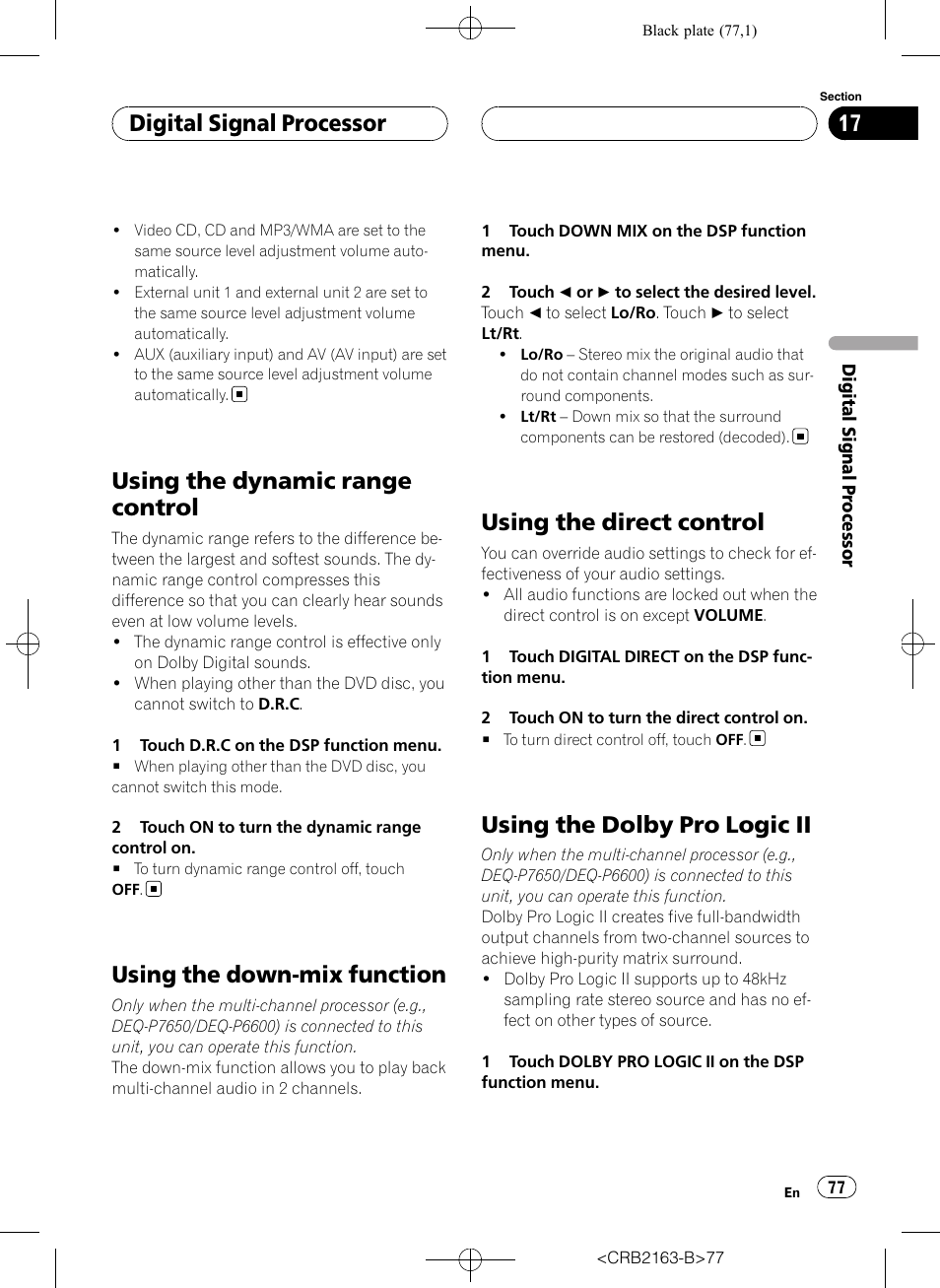 Using the dynamic range control, Using the down-mix function, Using the direct control | Using the dolby pro logic ii, Digital signal processor | Pioneer Super Tuner III D AVH-P6850DVD User Manual | Page 77 / 120