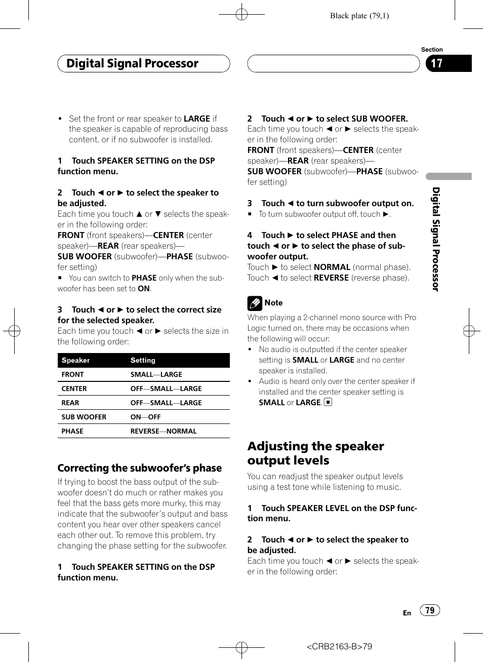 Adjusting the speaker output levels, Digital signal processor, Correcting the subwoofer ’s phase | Pioneer Super Tuner III D AVH-P6850DVD User Manual | Page 79 / 120