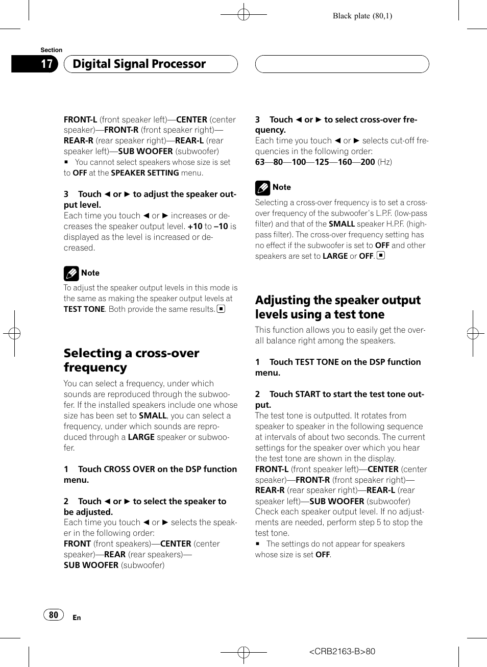Selecting a cross-over frequency, Adjusting the speaker output levels using a, Test tone | Digital signal processor | Pioneer Super Tuner III D AVH-P6850DVD User Manual | Page 80 / 120