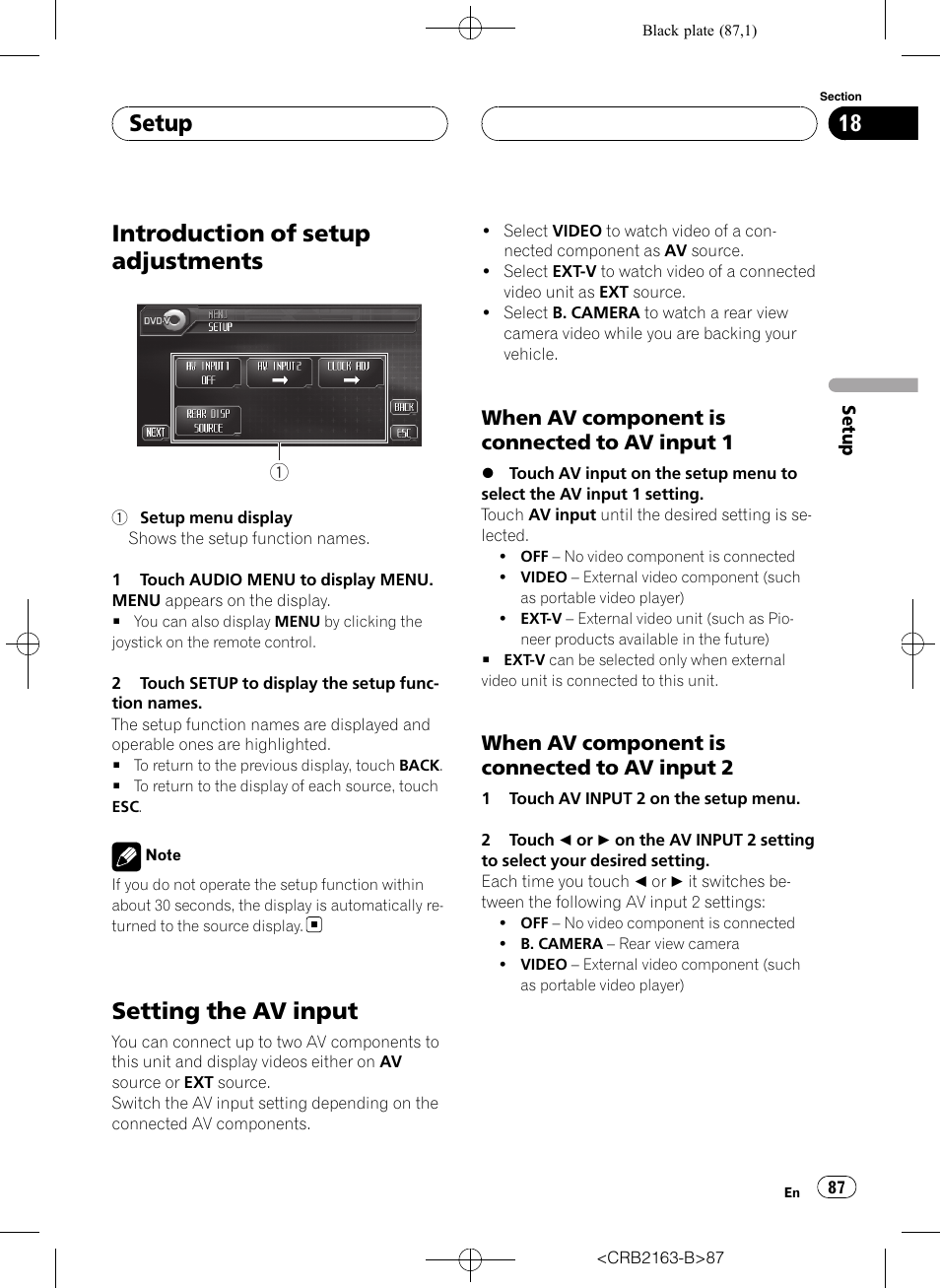 Setup introduction of setup adjustments, Setting the av input, Introduction of setup adjustments | Setup, When av component is connected to av input 1, When av component is connected to av input 2 | Pioneer Super Tuner III D AVH-P6850DVD User Manual | Page 87 / 120
