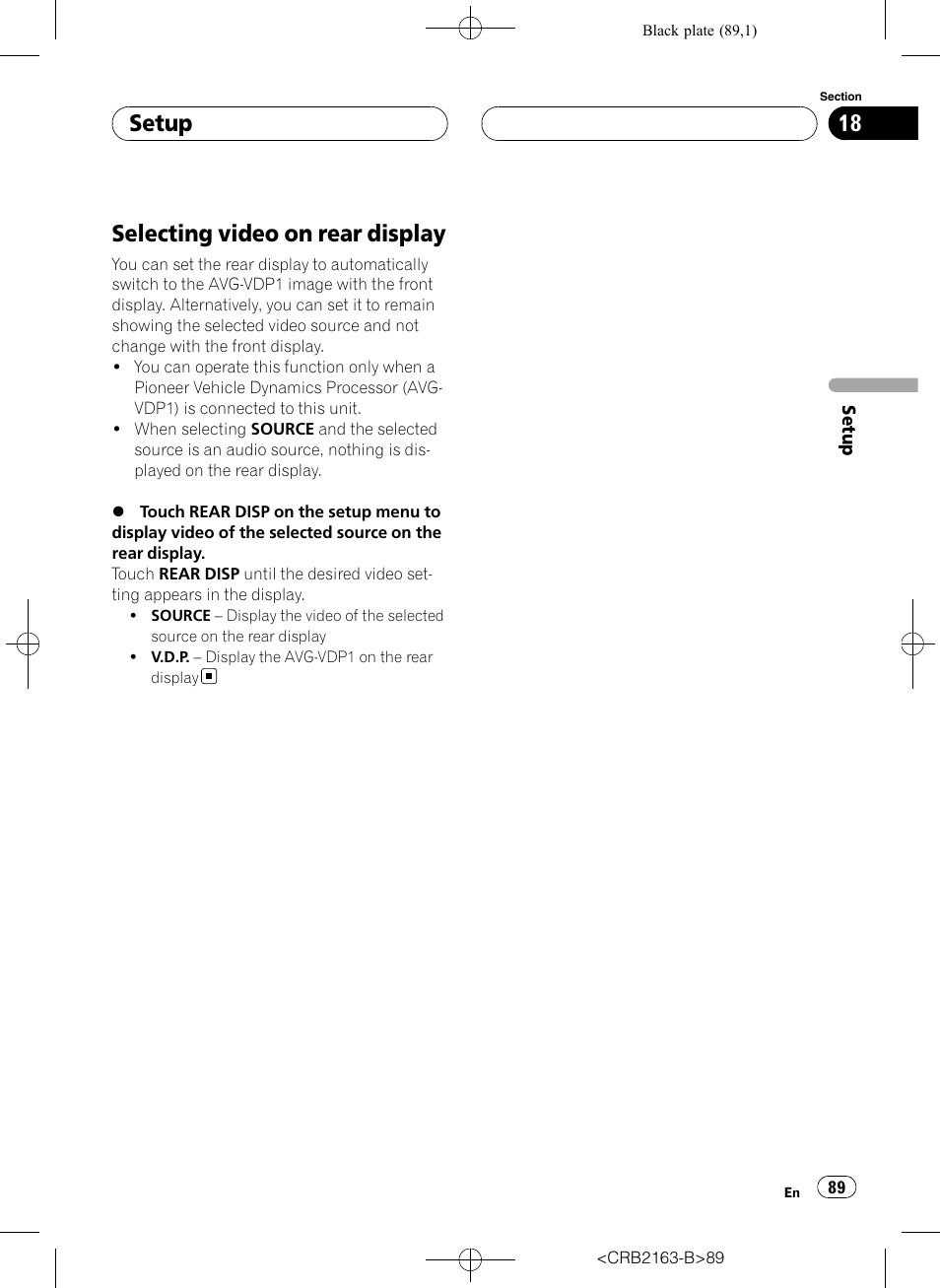Selecting video on rear display, Setup | Pioneer Super Tuner III D AVH-P6850DVD User Manual | Page 89 / 120