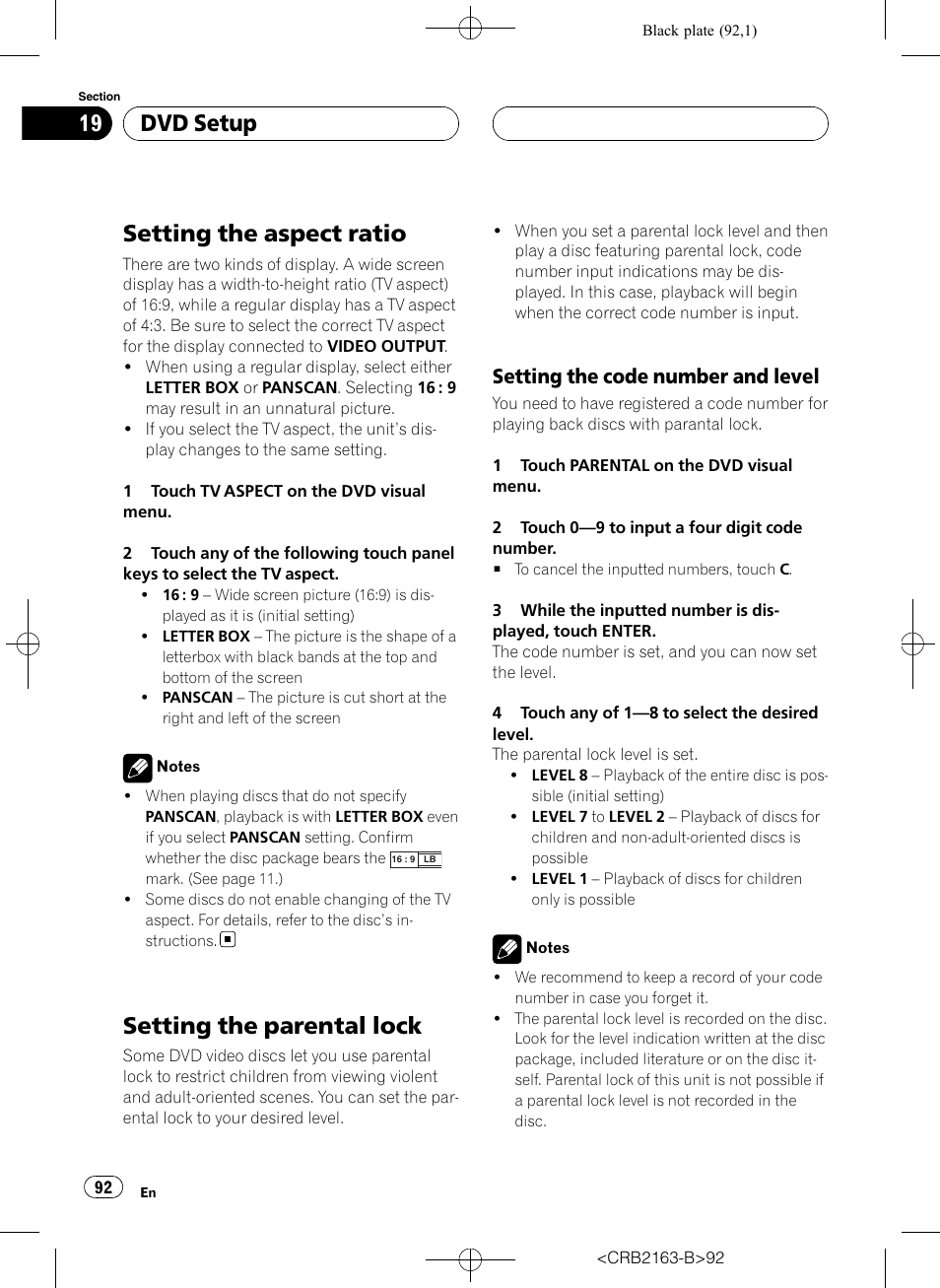 Setting the aspect ratio, Setting the parental lock, Dvd setup | Setting the code number and level | Pioneer Super Tuner III D AVH-P6850DVD User Manual | Page 92 / 120
