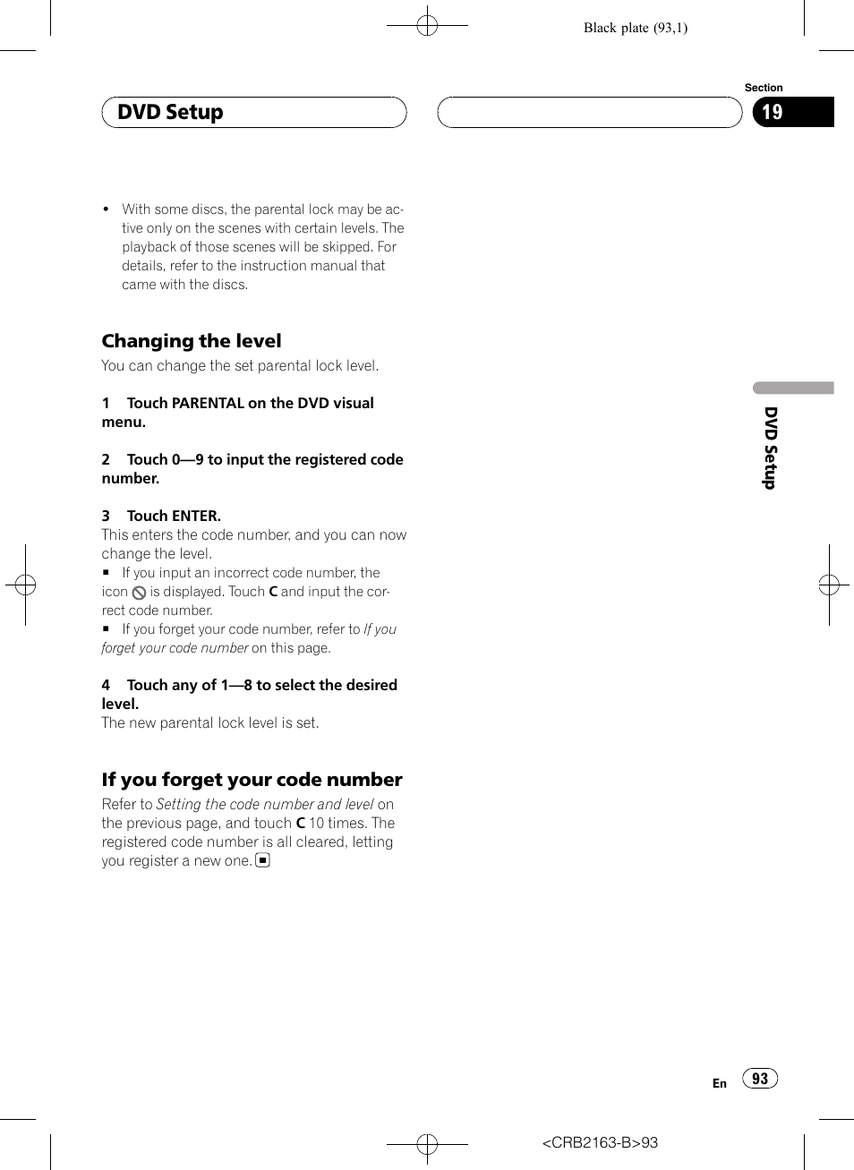 Dvd setup, Changing the level, If you forget your code number | Pioneer Super Tuner III D AVH-P6850DVD User Manual | Page 93 / 120