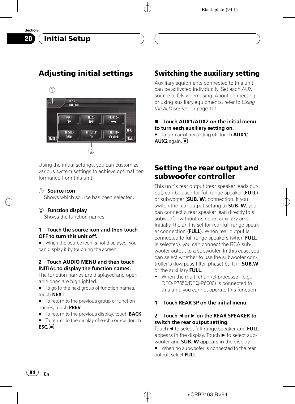 Initial setup adjusting initial settings, Switching the auxiliary setting, Setting the rear output and subwoofer | Controller, Setting the rear, Adjusting initial settings, Setting the rear output and subwoofer controller, Initial setup | Pioneer Super Tuner III D AVH-P6850DVD User Manual | Page 94 / 120