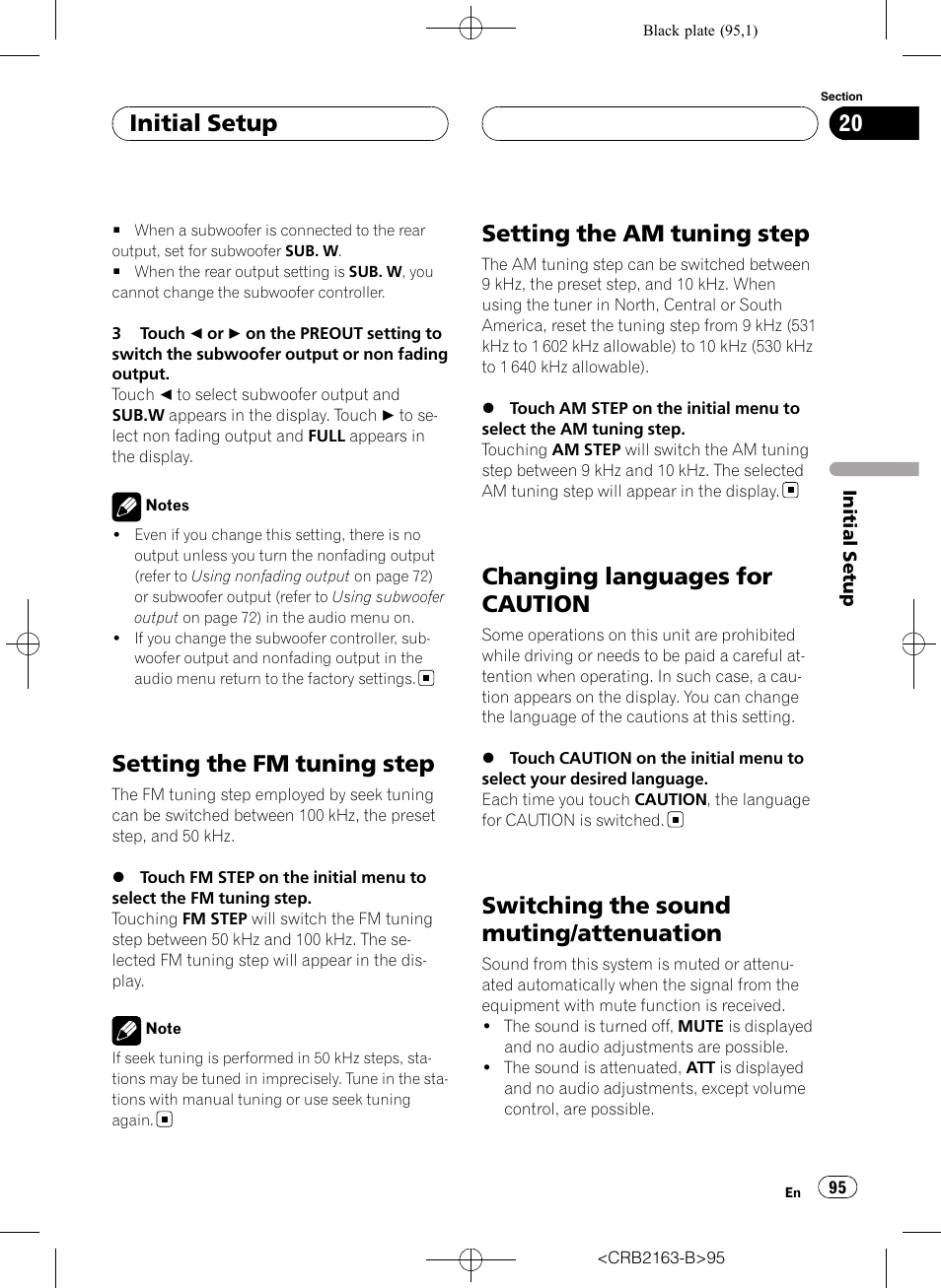 Setting the fm tuning step, Setting the am tuning step, Changing languages for caution | Switching the sound muting/attenuation, Initial setup | Pioneer Super Tuner III D AVH-P6850DVD User Manual | Page 95 / 120