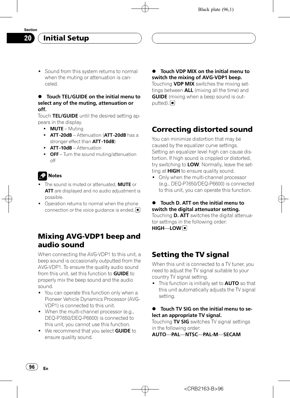 Mixing avg-vdp1 beep and audio sound, Correcting distorted sound, Setting the tv signal | Initial setup | Pioneer Super Tuner III D AVH-P6850DVD User Manual | Page 96 / 120