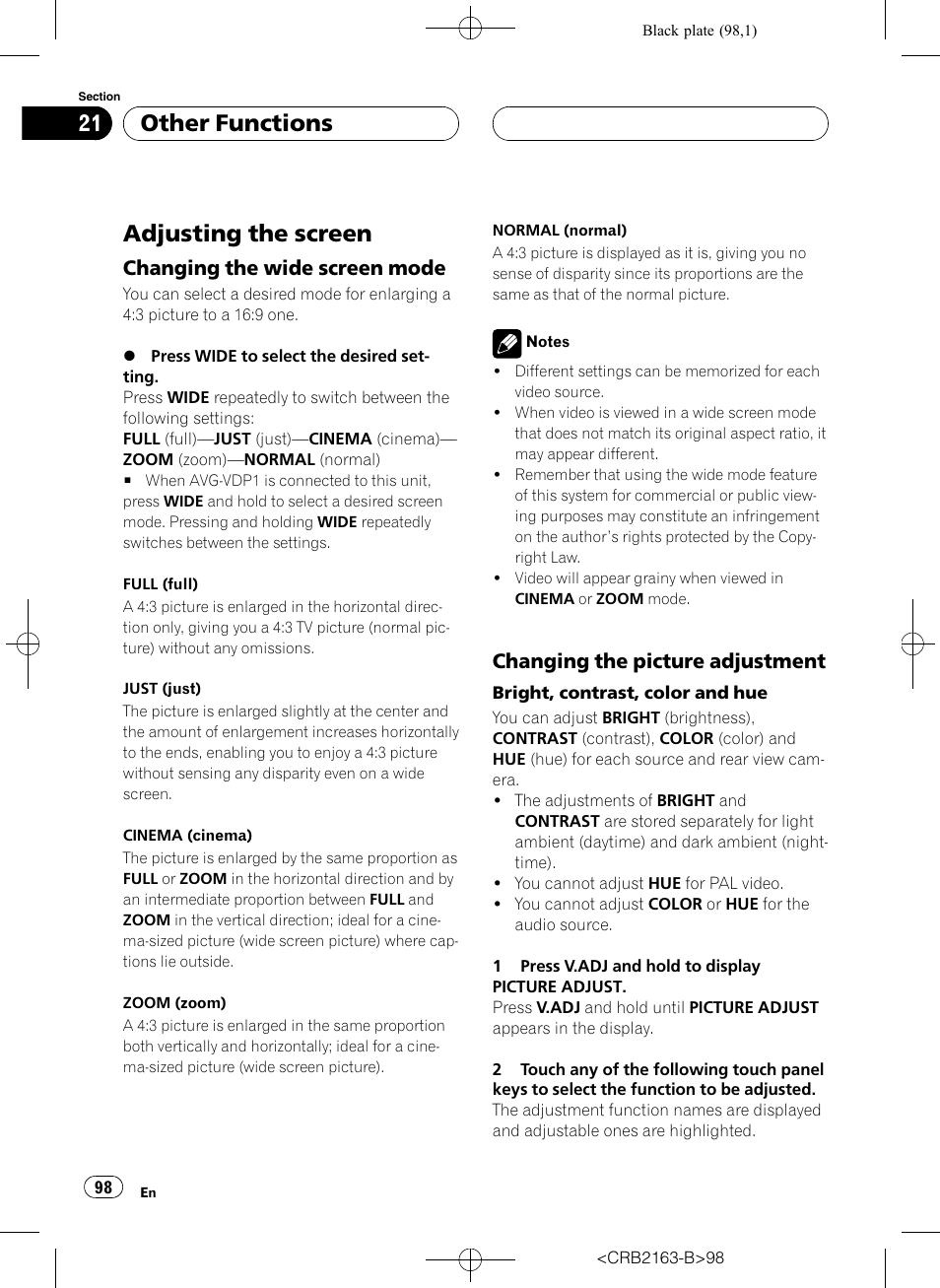 Other functions adjusting the screen, Adjusting the screen, Other functions | Changing the wide screen mode, Changing the picture adjustment | Pioneer Super Tuner III D AVH-P6850DVD User Manual | Page 98 / 120