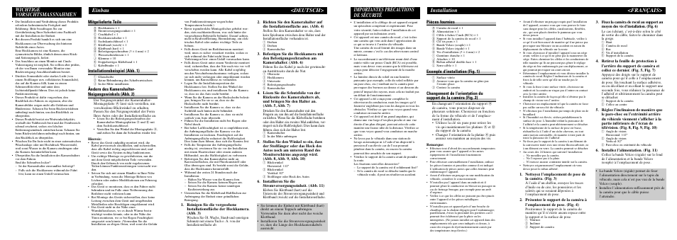 Einbau <deutsch, Wichtige vorsichtsmassnahmen, Installation <français | Importantes précautions de sécurité, Mitgelieferte teile, Installationsbeispiel (abb. 1), Ändern des kamerahalter- neigungswinkels (abb. 2), Pièces fournies, Exemple d’installation (fig. 1) | Pioneer Rear view camera ND-BC1 User Manual | Page 3 / 8