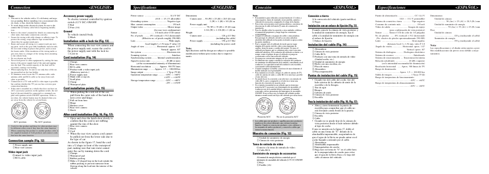 Especificaciones <español> conexión <español, Specifications <english> connection <english, Connection sample (fig. 12) | Installation with a lock tie (fig. 13), Cord installation (fig. 14), Cord installation points (fig. 15), After cord installation (fig. 16, fig. 17), Muestra de conexión (fig. 12), Instalación con un enlace de fijación (fig. 13), Instalación del cable (fig. 14) | Pioneer Rear view camera ND-BC1 User Manual | Page 6 / 8