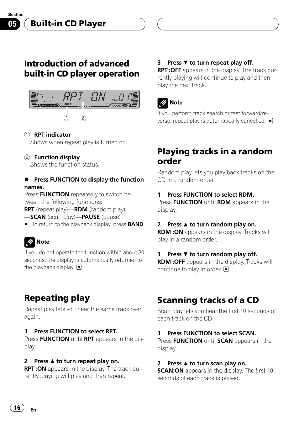 Introduction of advanced built-in cd player, Operation 16, Repeating play | Playing tracks in a random order, Scanning tracks of a cd, Built-in cd player | Pioneer DEH-P250 User Manual | Page 16 / 104