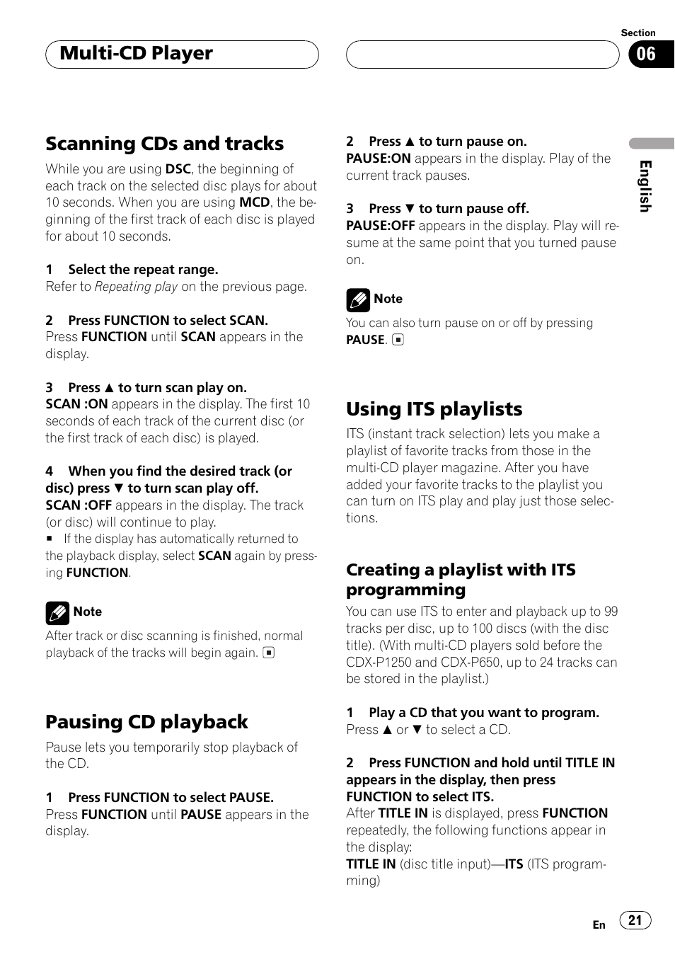 Creating a playlist with its, Programming 21, Scanning cds and tracks | Pausing cd playback, Using its playlists, Multi-cd player | Pioneer DEH-P250 User Manual | Page 21 / 104