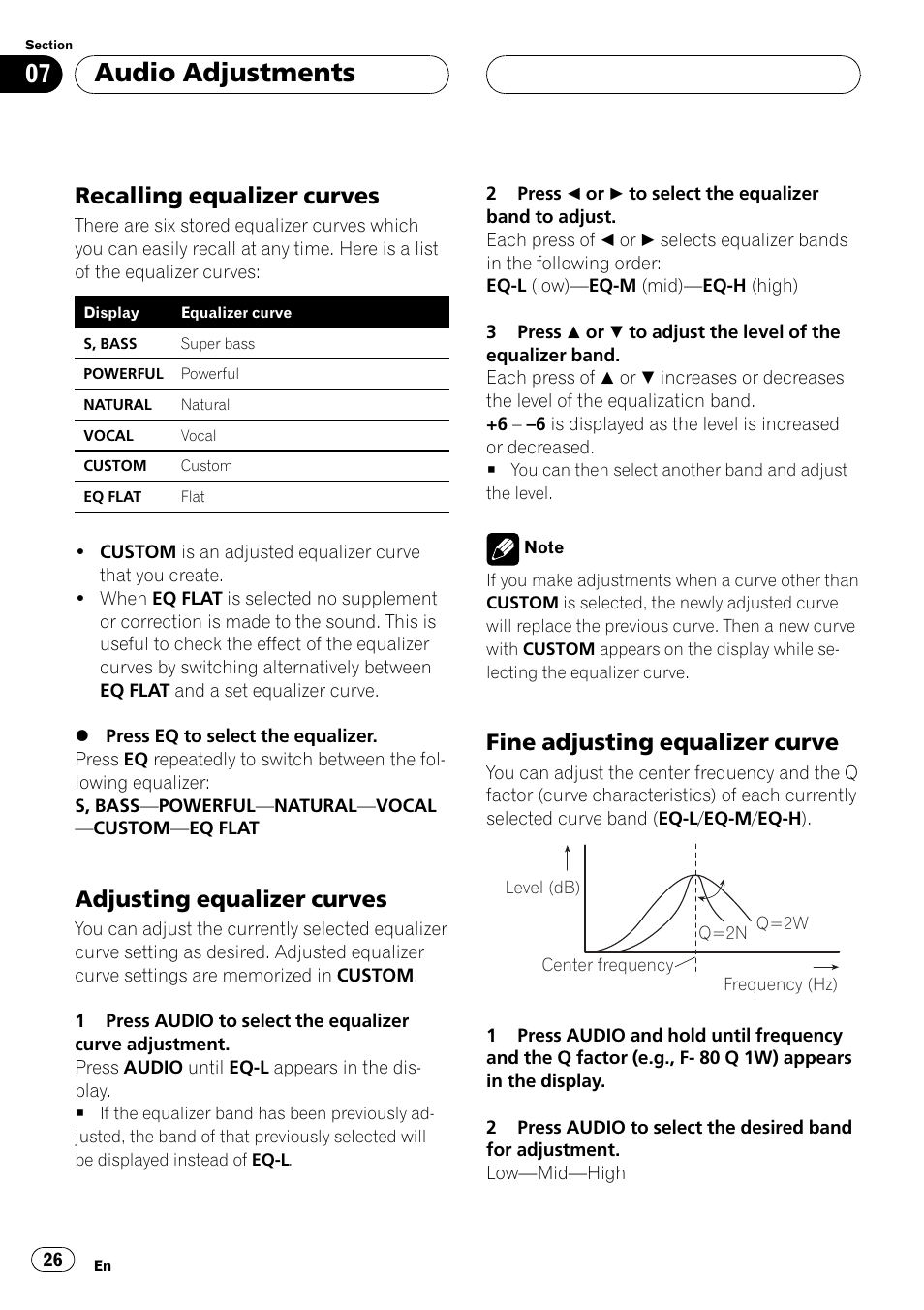 Recalling equalizer curves 26, Adjusting equalizer curves 26, Fine adjusting equalizer curve 26 | Audio adjustments, Recalling equalizer curves, Adjusting equalizer curves, Fine adjusting equalizer curve | Pioneer DEH-P250 User Manual | Page 26 / 104