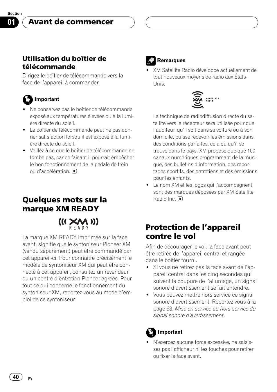 Utilisation du boîtier de, Télécommande 40, Quelques mots sur la marque xm | Ready 40, Protection de lappareil contre le vol 40, Quelques mots sur la marque xmready, Protection de lappareil contre le vol, Avant de commencer | Pioneer DEH-P250 User Manual | Page 40 / 104