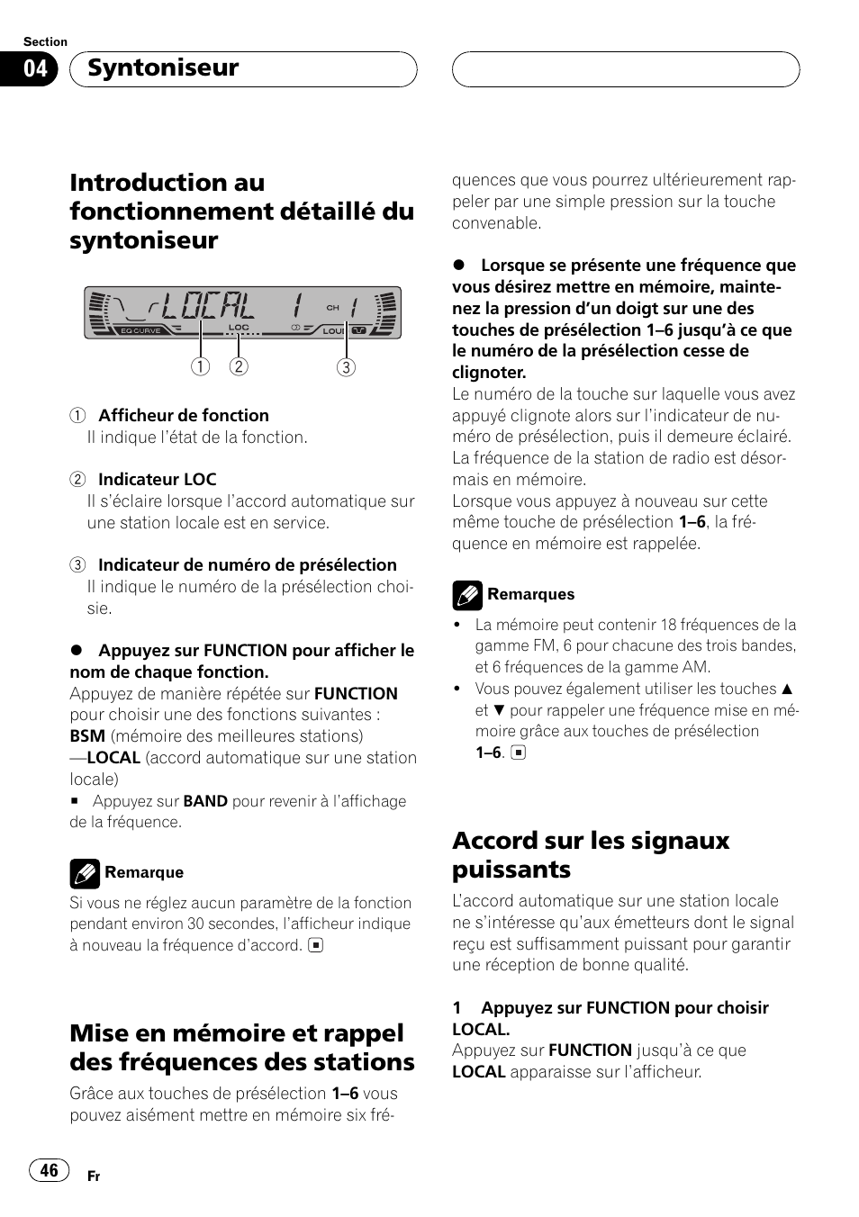 Introduction au fonctionnement détaillé du, Syntoniseur 46, Mise en mémoire et rappel des fréquences | Des stations 46, Accord sur les signaux puissants 46, Accord sur les signaux puissants, Syntoniseur | Pioneer DEH-P250 User Manual | Page 46 / 104