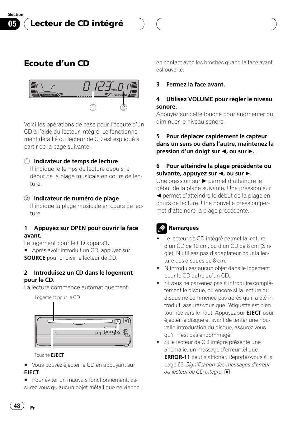 Lecteur de cd intégré, Ecoute dun cd 48, Ecoute dun cd | Pioneer DEH-P250 User Manual | Page 48 / 104