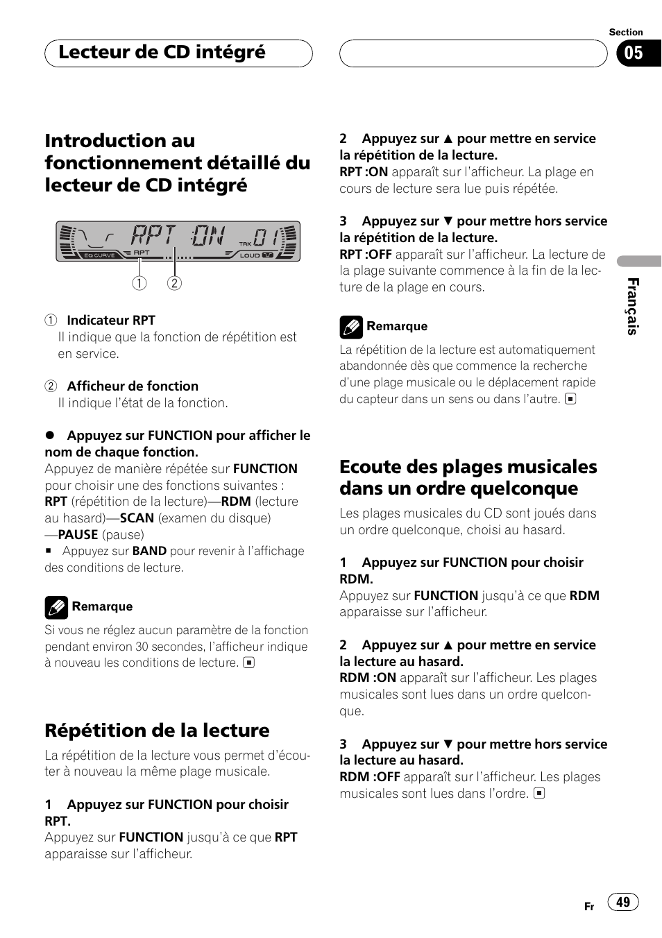 Introduction au fonctionnement détaillé du, Lecteur de cd intégré 49, Répétition de la lecture 49 | Ecoute des plages musicales dans un ordre, Quelconque 49, Répétition de la lecture, Lecteur de cd intégré | Pioneer DEH-P250 User Manual | Page 49 / 104