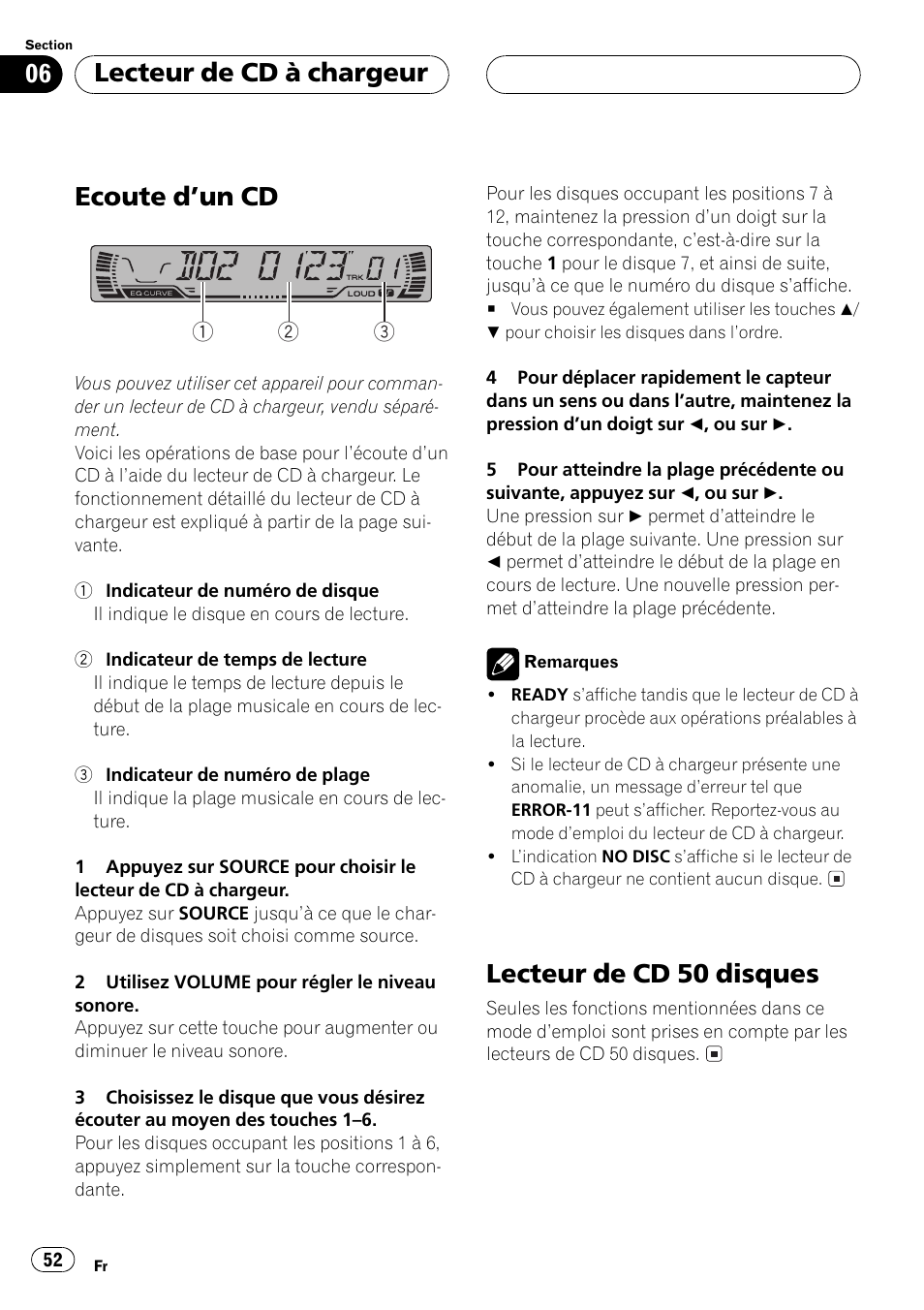 Lecteur de cd à chargeur, Ecoute dun cd 52, Lecteur de cd 50 disques 52 | Ecoute dun cd, Lecteur de cd 50 disques | Pioneer DEH-P250 User Manual | Page 52 / 104