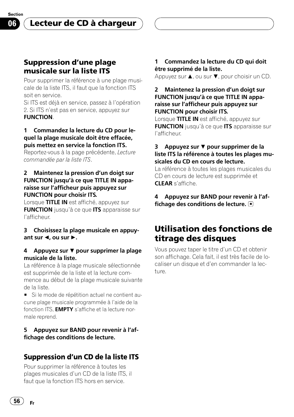 Suppression dune plage musicale sur, La liste its 56, Suppression dun cd de la liste | Its 56, Utilisation des fonctions de titrage des, Disques 56, Utilisation des fonctions de titrage des disques, Lecteur de cd à chargeur | Pioneer DEH-P250 User Manual | Page 56 / 104