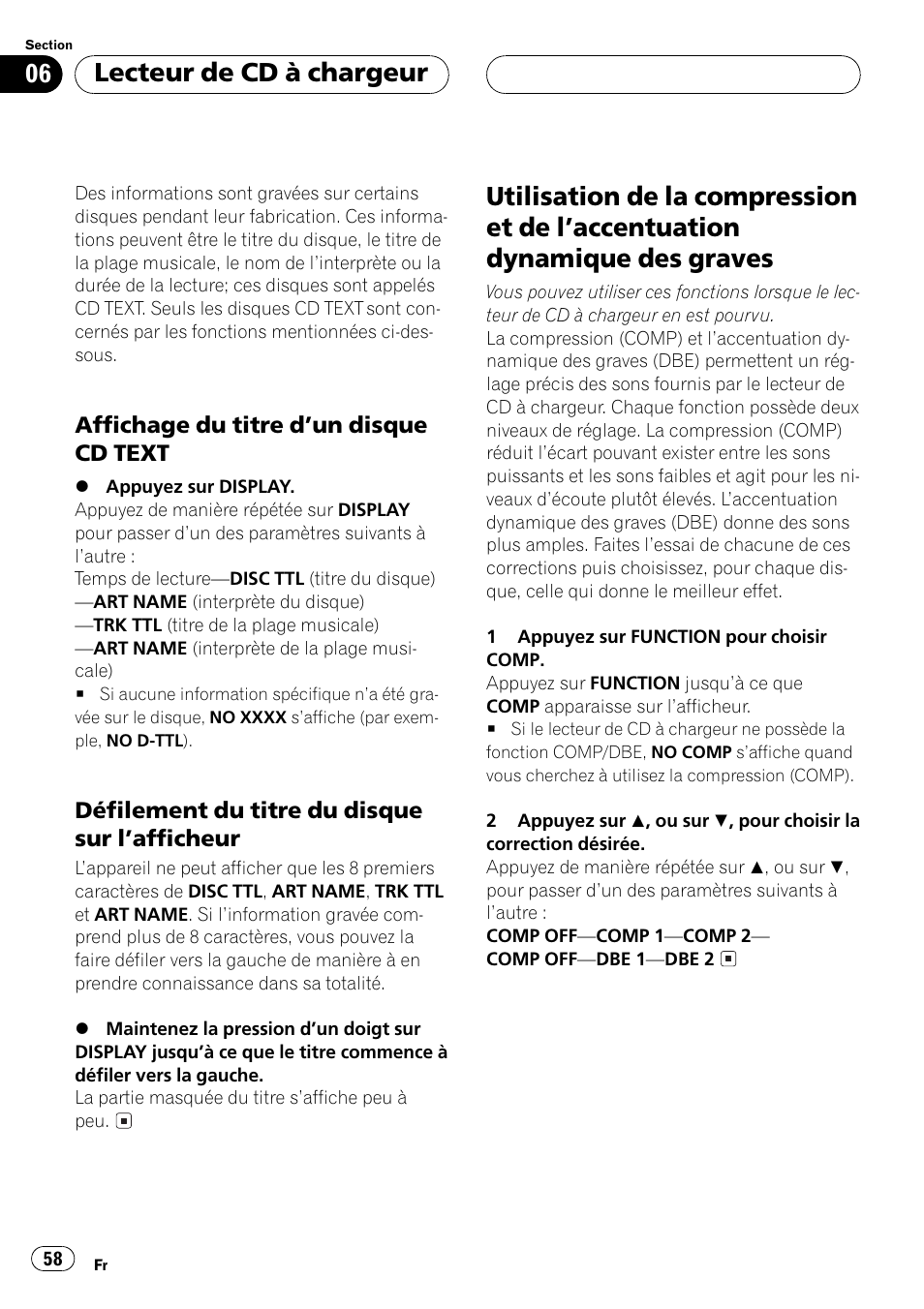 Affichage du titre dun disque cd, Text 58, Défilement du titre du disque sur | Lafficheur 58, Utilisation de la compression et de, Laccentuation dynamique des graves 58, Lecteur de cd à chargeur | Pioneer DEH-P250 User Manual | Page 58 / 104