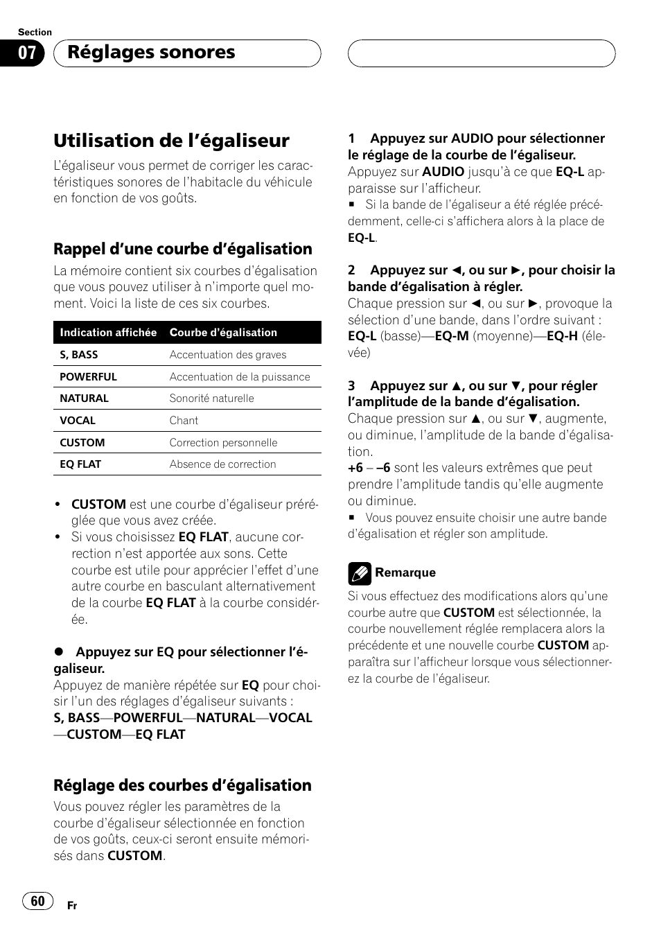 Utilisation de légaliseur 60, Rappel dune courbe, Dégalisation 60 | Réglage des courbes, Utilisation de légaliseur, Réglages sonores, Rappel dune courbe dégalisation, Réglage des courbes dégalisation | Pioneer DEH-P250 User Manual | Page 60 / 104