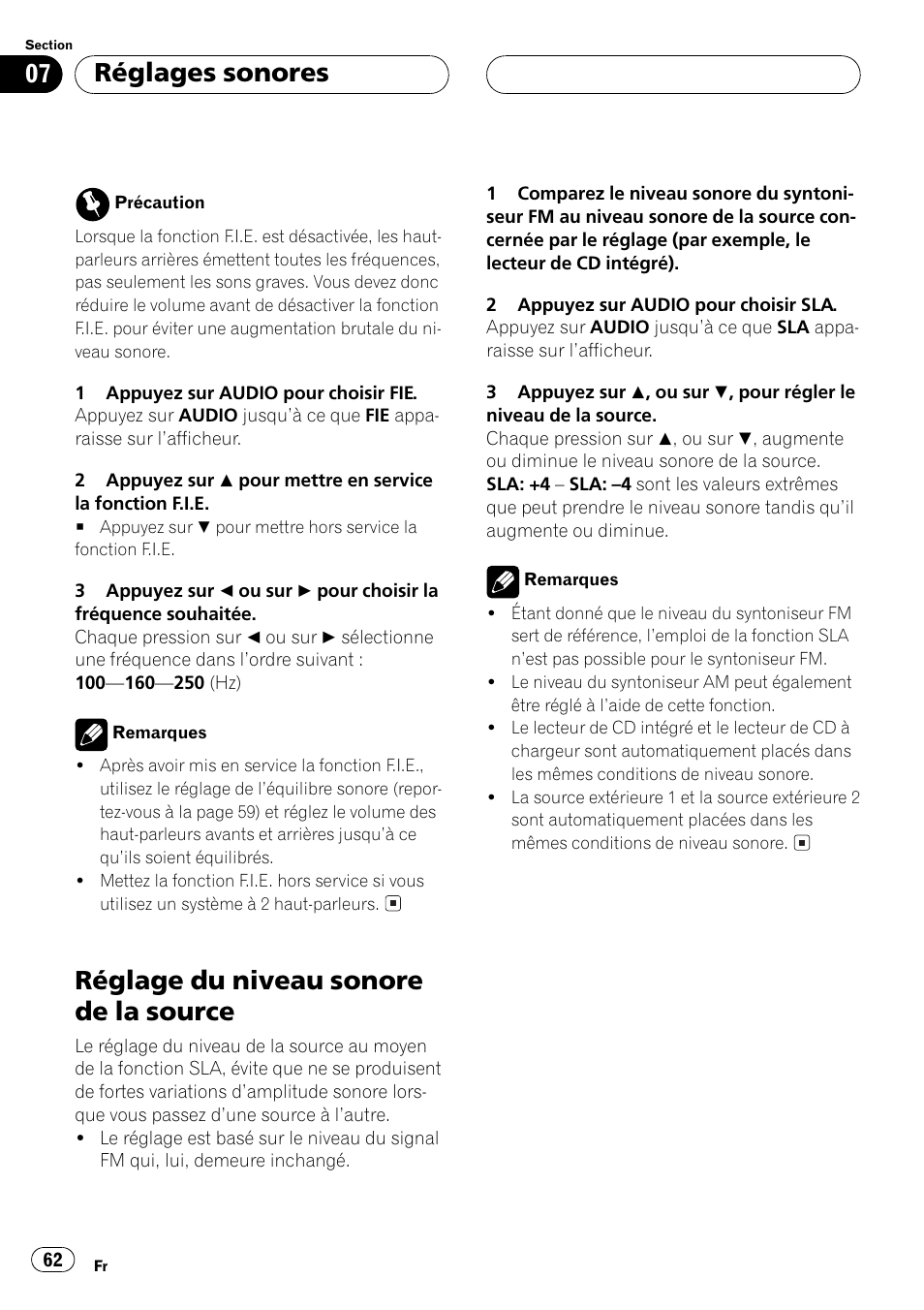 Réglage du niveau sonore de la source 62, Réglage du niveau sonore de la source, Réglages sonores | Pioneer DEH-P250 User Manual | Page 62 / 104