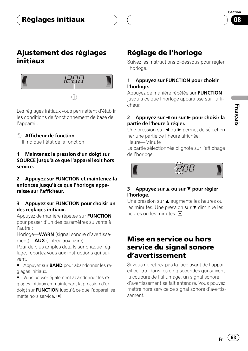 Réglages initiaux, Ajustement des réglages initiaux 63, Réglage de lhorloge 63 | Mise en service ou hors service du signal, Sonore davertissement 63, Ajustement des réglages initiaux, Réglage de lhorloge | Pioneer DEH-P250 User Manual | Page 63 / 104