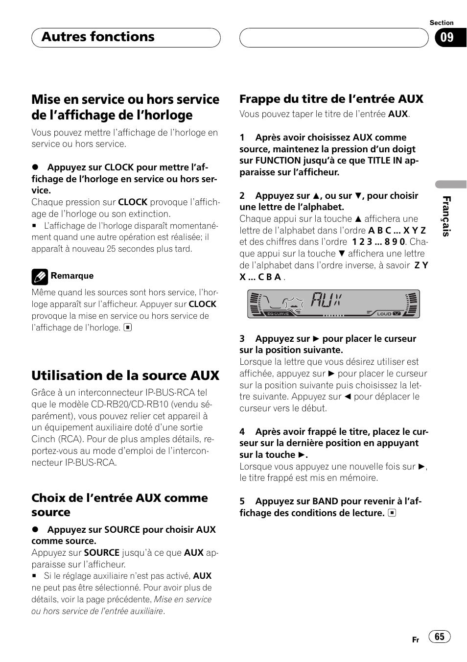 Autres fonctions, Mise en service ou hors service de laffichage, De lhorloge 65 | Utilisation de la source aux 65, Choix de lentrée aux comme, Source 65, Frappe du titre de lentrée aux 65, Utilisation de la source aux | Pioneer DEH-P250 User Manual | Page 65 / 104