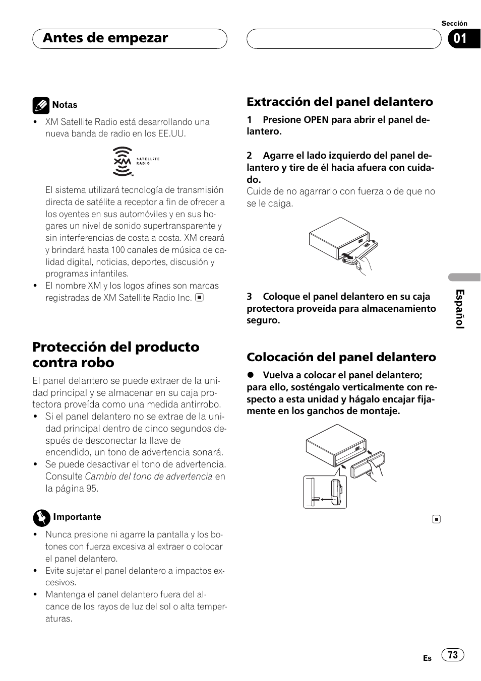 Protección del producto contra robo 73, Extracción del panel delantero 73, Colocación del panel delantero 73 | Protección del producto contra robo, Antes de empezar | Pioneer DEH-P250 User Manual | Page 73 / 104