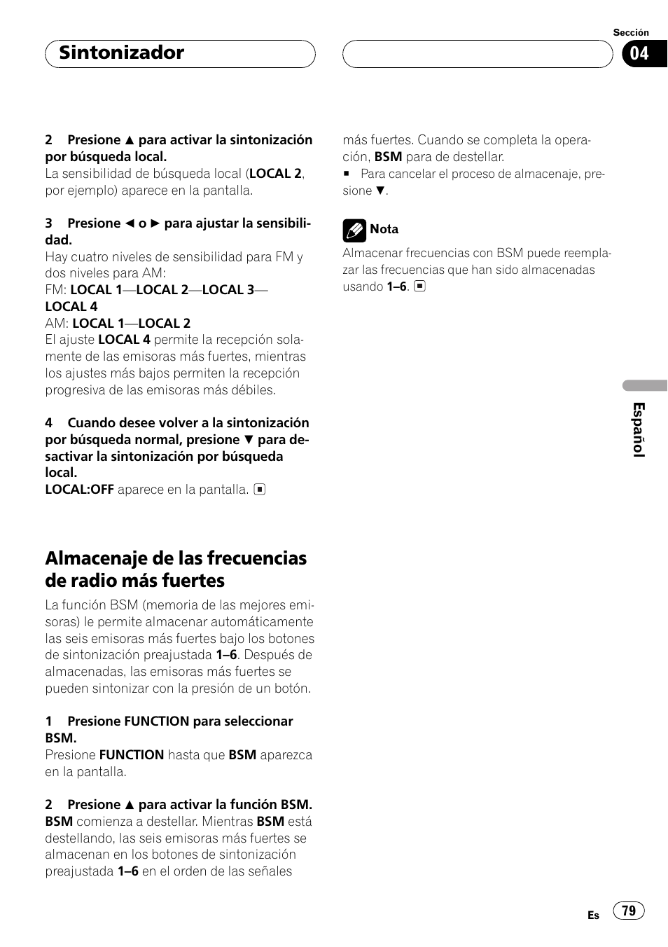 Almacenaje de las frecuencias de radio más, Fuertes 79, Almacenaje de las frecuencias de radio más fuertes | Sintonizador | Pioneer DEH-P250 User Manual | Page 79 / 104